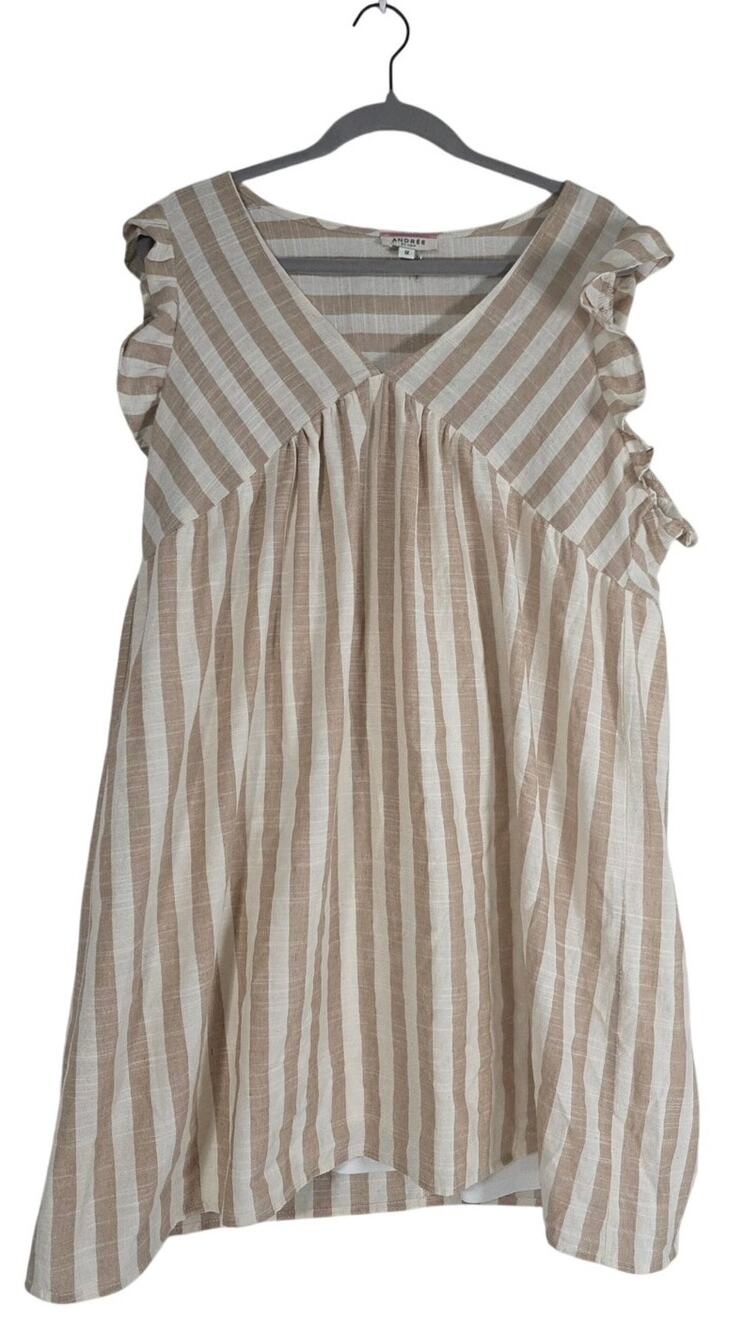 Andree Striped Dress Womens Beige White Ruffle Sleeve Babydoll Coastal Boho 1xl